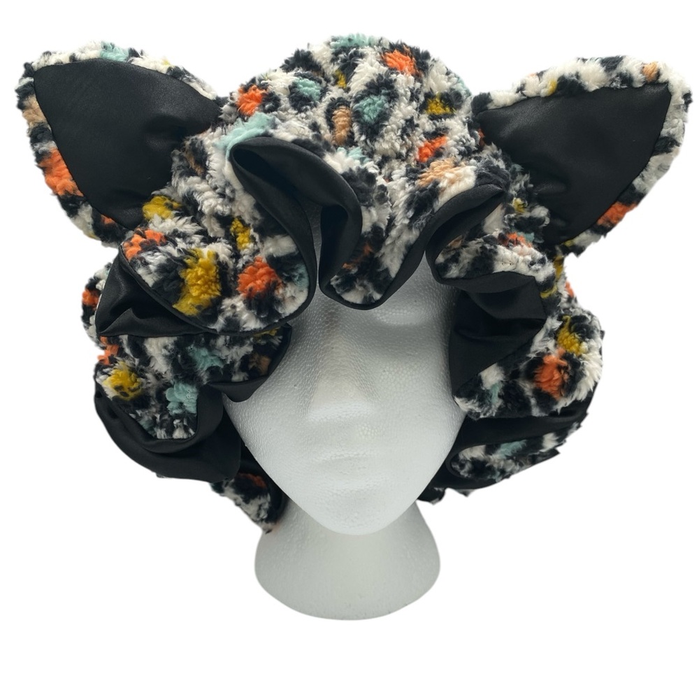 Handmade Leopard Cat Bonnet with Ears and  Black Satin Lining